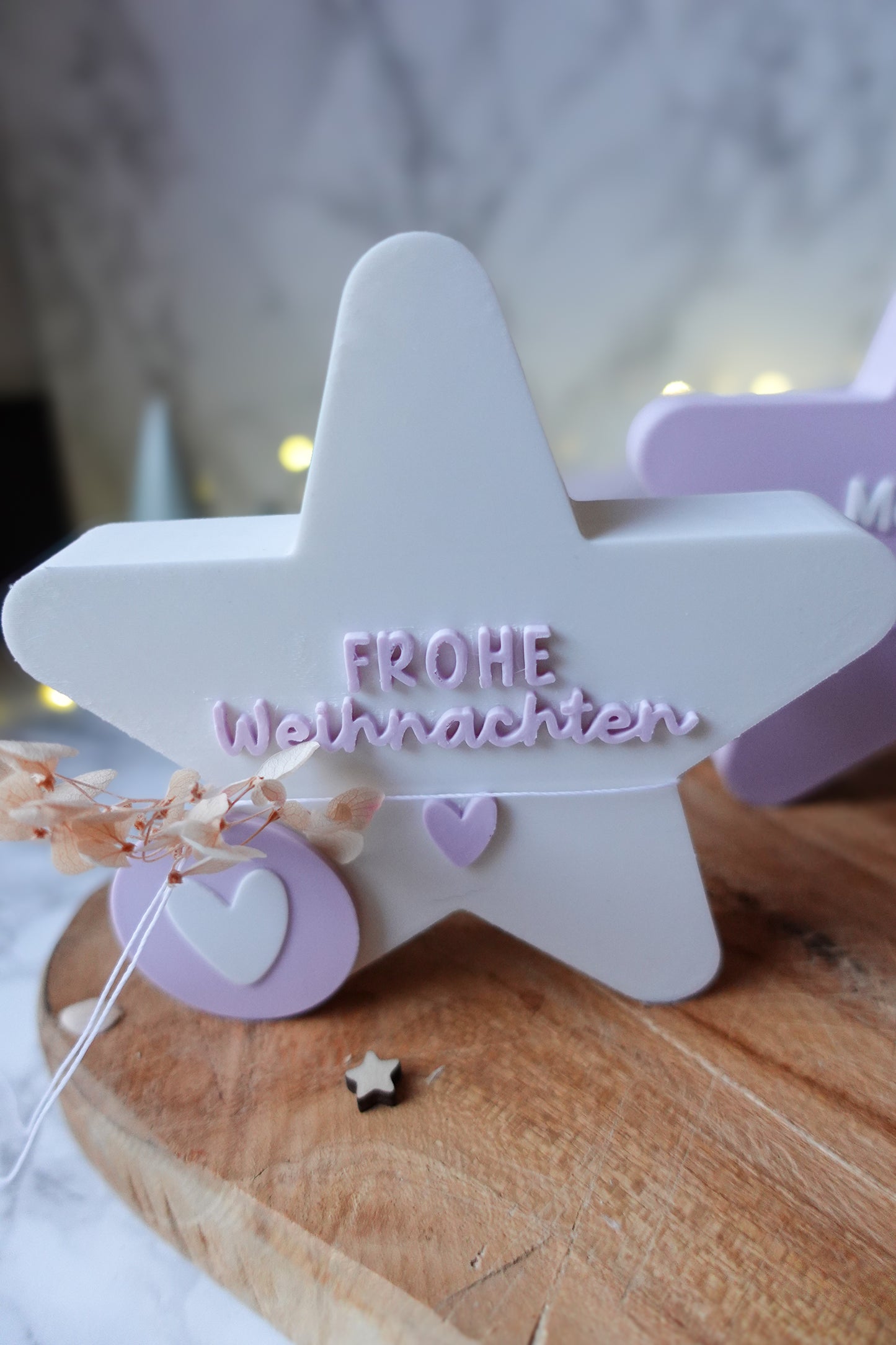 3D-Druckdatei – Deko-Stern „Frohe Weihnachten“ & „Merry & Bright“ (STL & 3MF + gratis Herz-Anhänger)