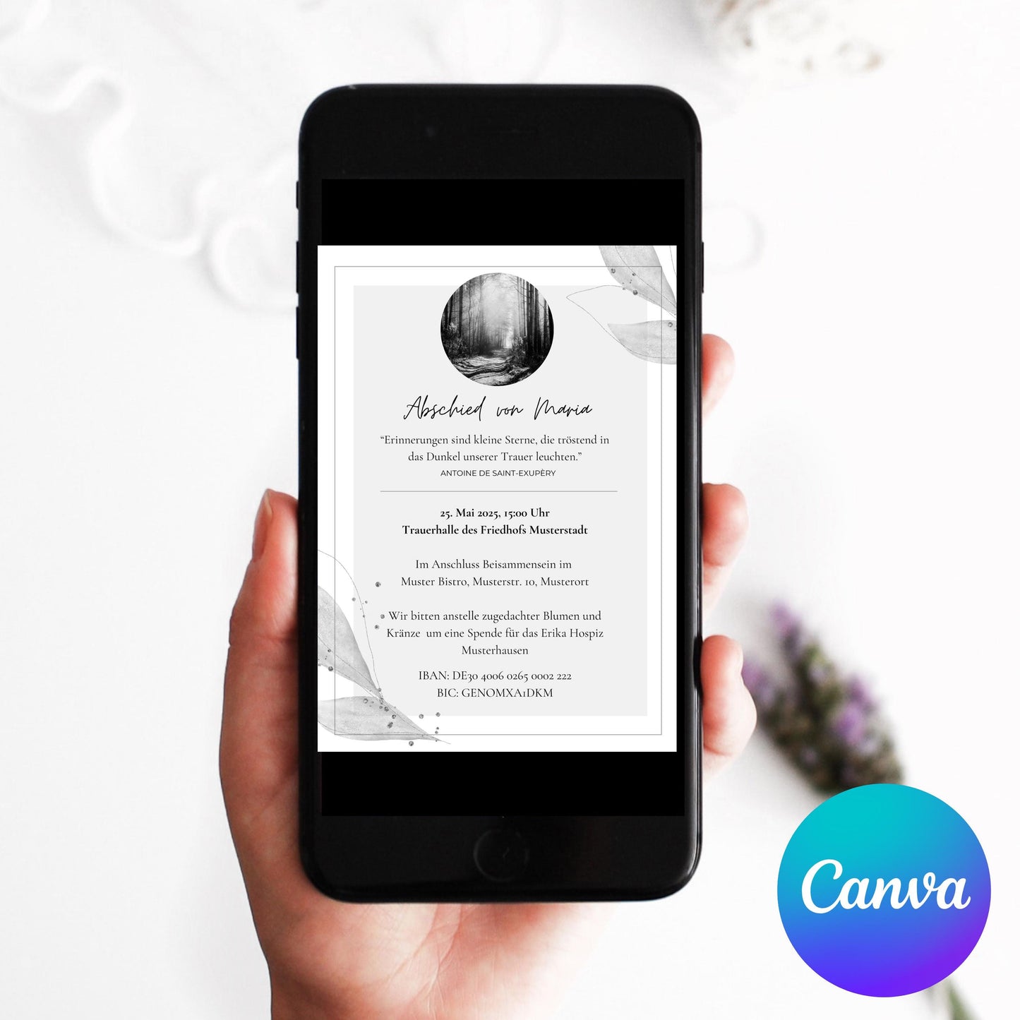 Traueranzeige Zeitung & Trauerfeier Einladung editierbare Vorlage Canva