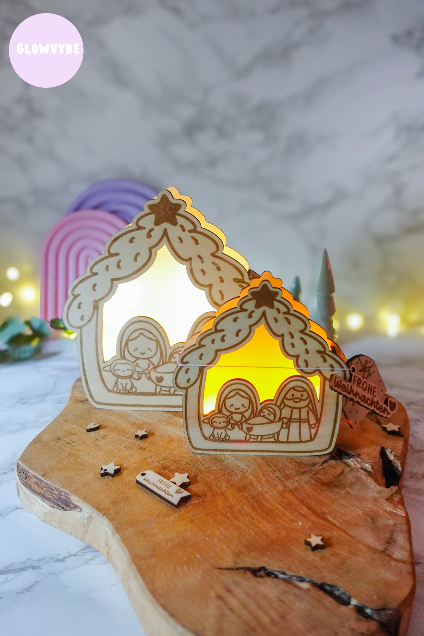 Laserdatei Lichthaus „Kleine Stille“ – Weihnachtskrippe mit Licht & Bonus Geschenkanhänger | inkl. Gewerbelizenz