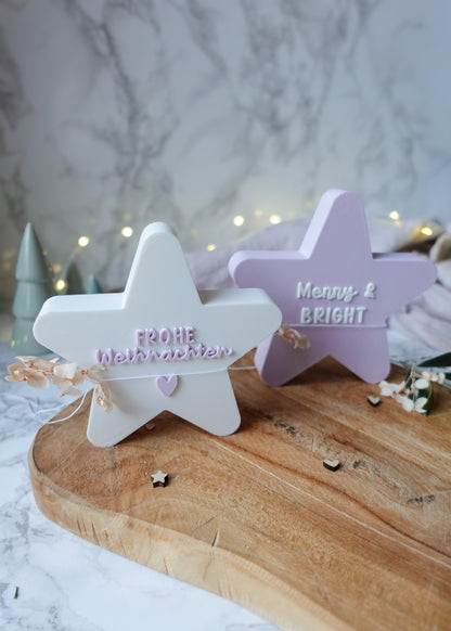 3D-Druckdatei – Deko-Stern „Frohe Weihnachten“ & „Merry & Bright“ (STL & 3MF + gratis Herz-Anhänger)
