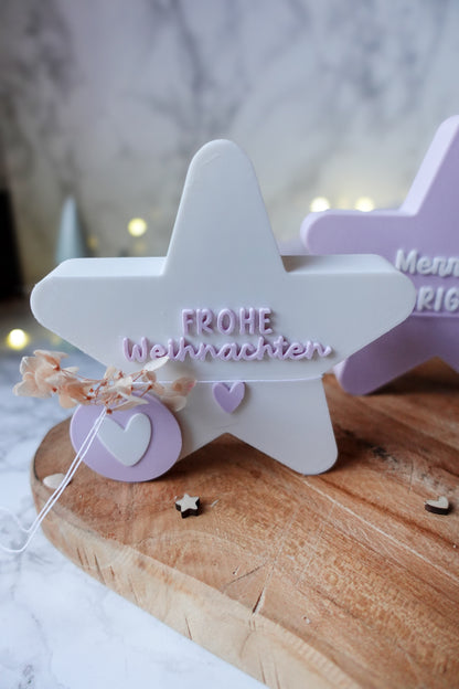 3D-Druckdatei – Deko-Stern „Frohe Weihnachten“ & „Merry & Bright“ (STL & 3MF + gratis Herz-Anhänger)