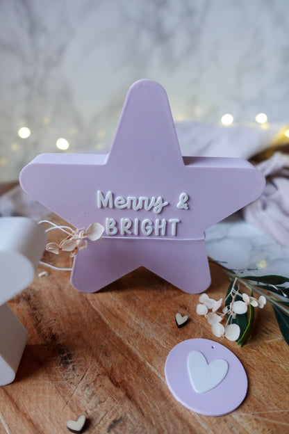 3D-Druckdatei – Deko-Stern „Frohe Weihnachten“ & „Merry & Bright“ (STL & 3MF + gratis Herz-Anhänger)