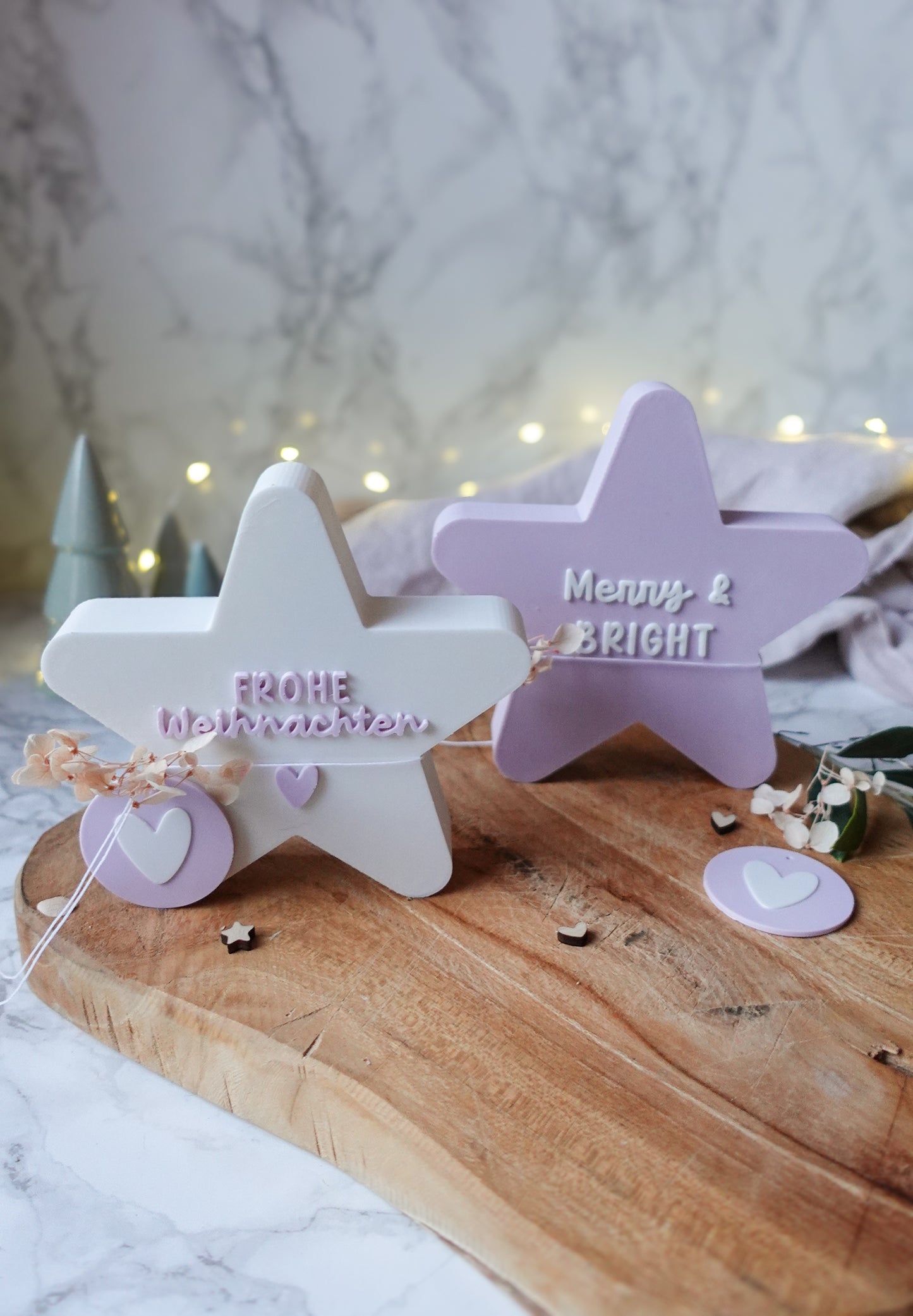 3D-Druckdatei – Deko-Stern „Frohe Weihnachten“ & „Merry & Bright“ (STL & 3MF + gratis Herz-Anhänger)