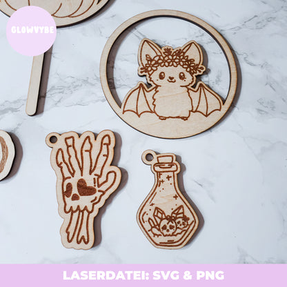 Halloween Laserdatei Bundle – SVG & PNG | Loops, Stecker & Anhänger mit handgemalten Illustrationen