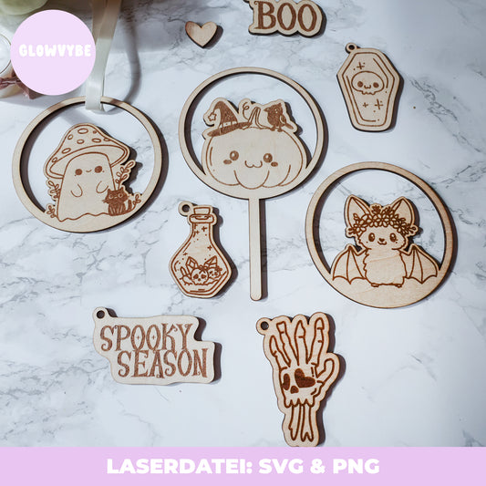 Halloween Laserdatei Bundle – SVG & PNG | Loops, Stecker & Anhänger mit handgemalten Illustrationen