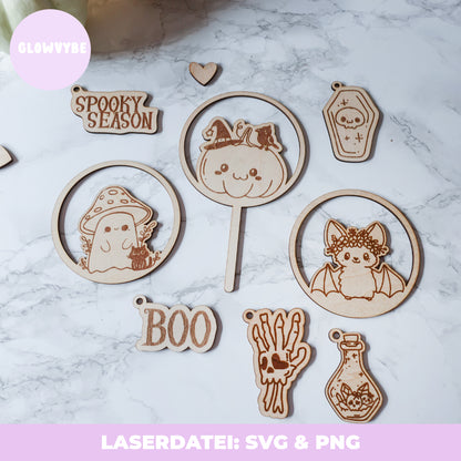Halloween Laserdatei Bundle – SVG & PNG | Loops, Stecker & Anhänger mit handgemalten Illustrationen