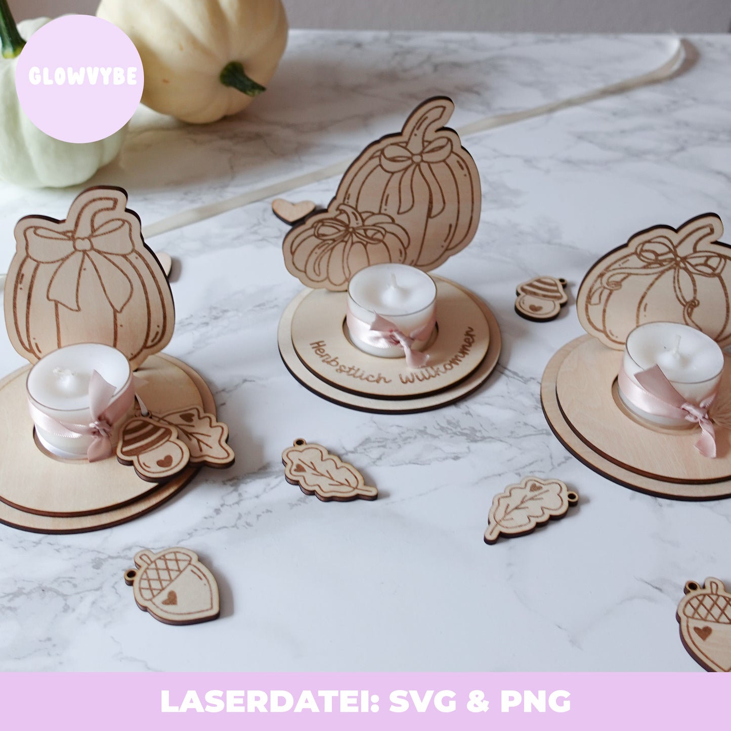 Herbstliche Teelichthalter – Laserdatei SVG & PNG | Kürbis-Deko, Herbstdeko, Handgemalte Illustrationen