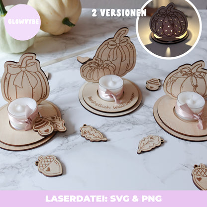 Herbstliche Teelichthalter – Laserdatei SVG & PNG | Kürbis-Deko, Herbstdeko, Handgemalte Illustrationen
