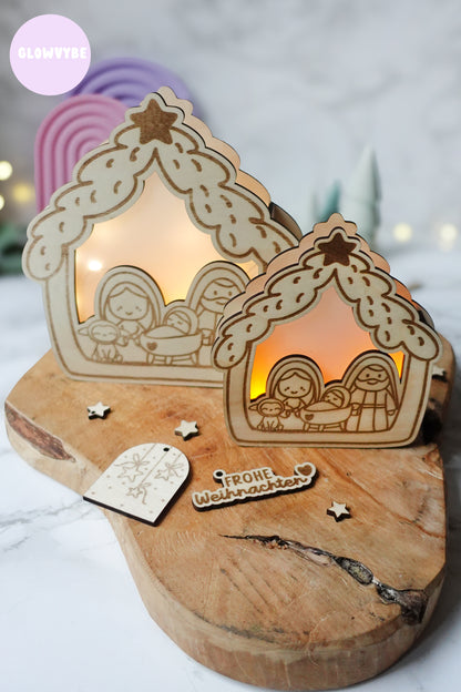 Laserdatei Lichthaus „Kleine Stille“ – Weihnachtskrippe mit Licht & Bonus Geschenkanhänger | inkl. Gewerbelizenz