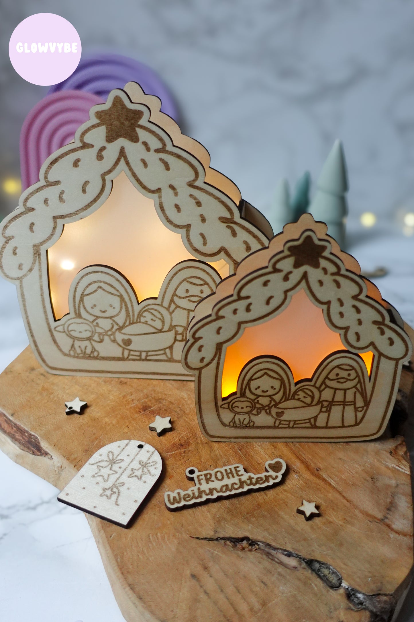 Laserdatei Lichthaus „Kleine Stille“ – Weihnachtskrippe mit Licht & Bonus Geschenkanhänger | inkl. Gewerbelizenz