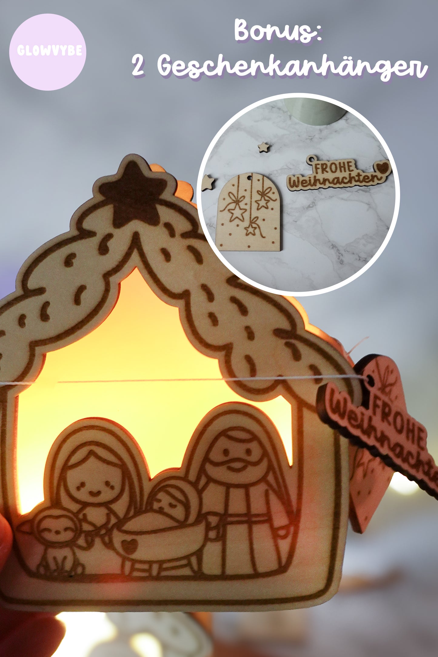 Laserdatei Lichthaus „Kleine Stille“ – Weihnachtskrippe mit Licht & Bonus Geschenkanhänger | inkl. Gewerbelizenz