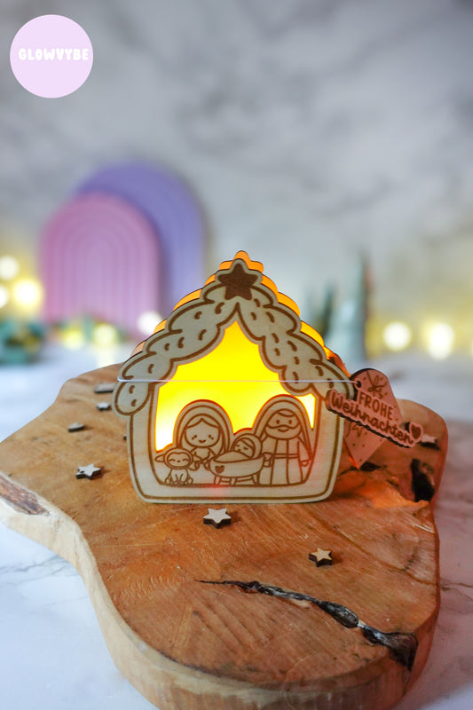 Laserdatei Lichthaus „Kleine Stille“ – Weihnachtskrippe mit Licht & Bonus Geschenkanhänger | inkl. Gewerbelizenz