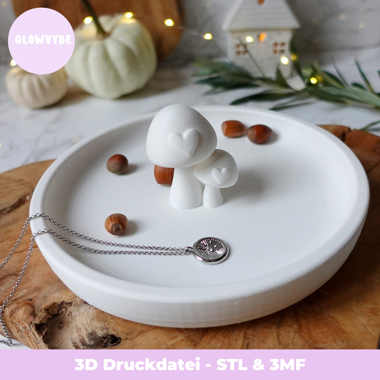Herbstteller mit Pilzen & Herz – 3D Druckdatei (STL & 3MF)