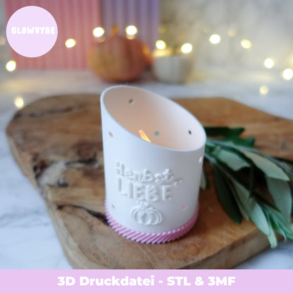 Herbst Windlicht „Herbstliebe“ – 3D Druckdatei (STL & 3MF) inkl. Sockel