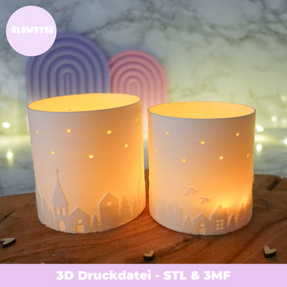 3D Druckdatei Windlicht Winterdorf – STL & 3MF Modell für gemütliche Weihnachtsdeko