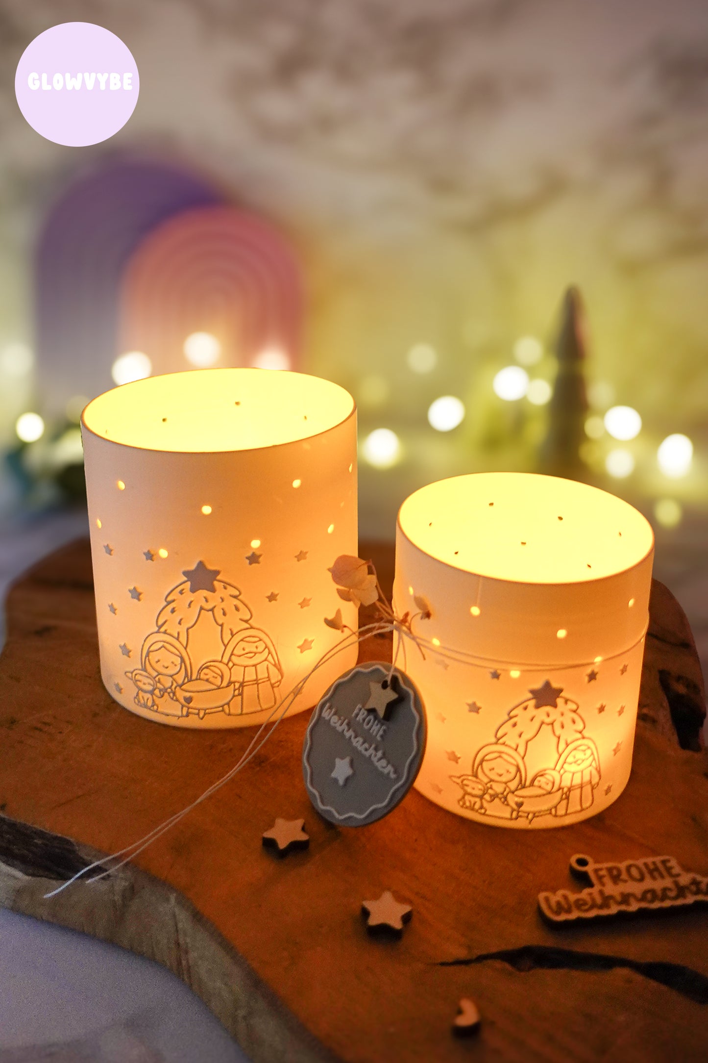 Windlicht „Kleine Stille“ | 3D Druck Datei Weihnachten | STL + 3MF Krippenmotiv mit Frohe Weihnachten Anhänger