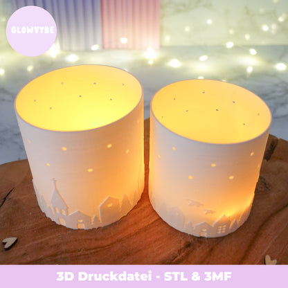 3D Druckdatei Windlicht Winterdorf – STL & 3MF Modell für gemütliche Weihnachtsdeko