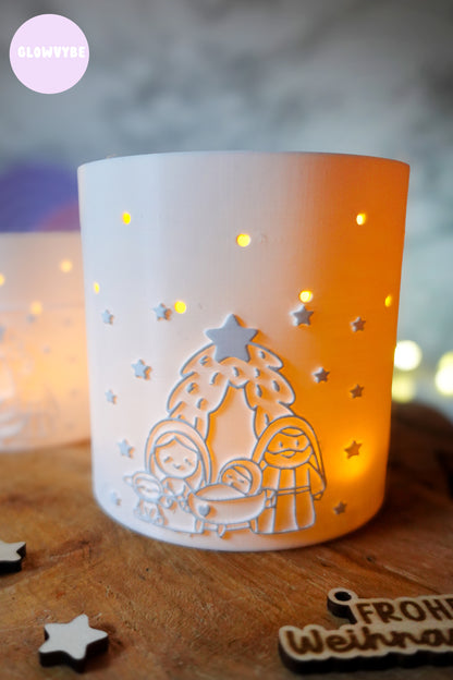 Windlicht „Kleine Stille“ | 3D Druck Datei Weihnachten | STL + 3MF Krippenmotiv mit Frohe Weihnachten Anhänger