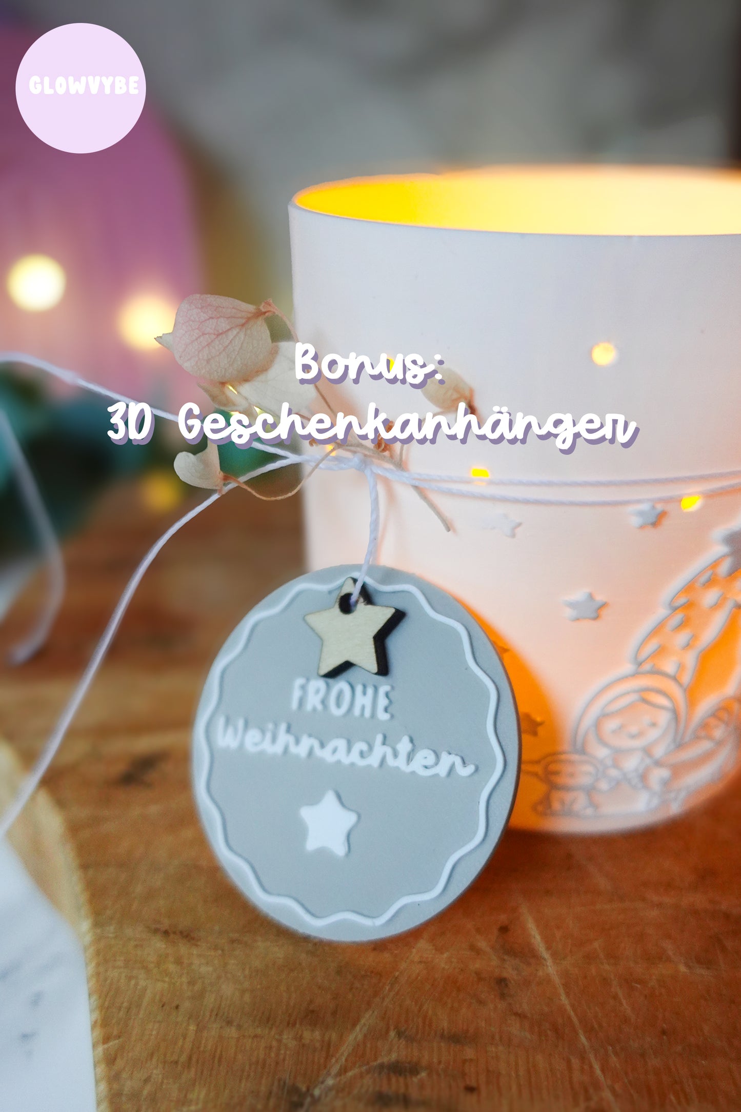 Windlicht „Kleine Stille“ | 3D Druck Datei Weihnachten | STL + 3MF Krippenmotiv mit Frohe Weihnachten Anhänger